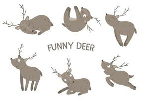 Vector set of cartoon style hand drawn flat funny deer in different poses. Cute illustration of woodland animals