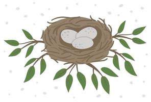 nido de pájaro plano dibujado a mano vectorial con huevos en las ramas de los árboles con hojas verdes. linda ilustración ornitológica del bosque para imprimir, papelería vector