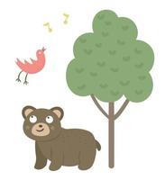 Vector cartoon style hand drawn flat bear listening to the singing bird under the tree. Funny scene with Teddy having fun. Cute illustration of woodland animal for print, stationery