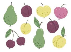 Vector set of funny hand drawn flat garden fruits and berries. Colored apple, pear, plum, peach, cherry isolated on white background. Harvest themed picture