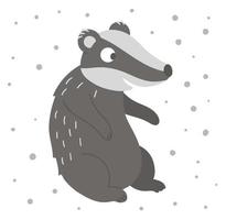 Vector hand drawn flat sitting badger. Funny woodland animal. Cute forest animalistic illustration for children design, print, stationery