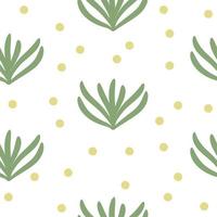 Vector abstract seamless texture on white background. Hand drawn flat simple trendy illustration with green leaves and yellow dots. Repeating pattern Scandinavian style.
