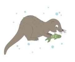 vector dibujado a mano nutria plana comiendo pescado. divertido animal del bosque. linda ilustración animal del bosque para niños diseño, impresión, papelería