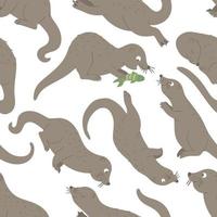 Vector seamless pattern with hand drawn flat funny otters in different poses. Cute repeat background. Sweet animalistic ornament for children design.