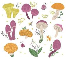 conjunto vectorial de hongos planos divertidos con bayas, hojas e insectos. imágenes prediseñadas de otoño para el diseño de los niños. linda ilustración de hongos vector