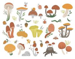 conjunto vectorial de hongos planos divertidos con bayas, hojas e insectos. imágenes prediseñadas de otoño para el diseño de los niños. linda ilustración de hongos con bellotas y conos