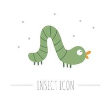 Vector hand drawn flat crawling green caterpillar. Funny woodland insect icon. Cute forest animalistic illustration for children design, print, stationery