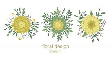 Set of vector floral round yellow decorative elements. Flat trendy illustration with flowers, leaves, branches. Meadow, woodland, forest clip art collection. Beautiful spring or summer garden bouquet