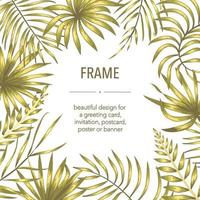 Vector frame template with golden tropical leaves and flowers with white place for text. Square layout card with place for text. Autumn design for invitation, wedding,  party,  promo events.