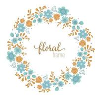 Vector frame template with flat hand drawn trendy wild flowers on white background. Square layout card with place for text. Floral design for invitation, wedding, party, promo events.