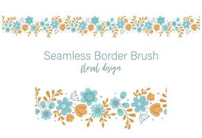 Vector seamless pattern brush of green leaves with orange and blue flowers on white background. Floral border ornament. Trendy hand drawn flat illustration