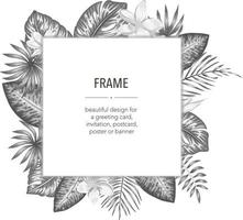 Vector black and white frame template with tropical leaves and flowers with white place for text. Square layout card with place for text. Spring or summer design for invitation, wedding