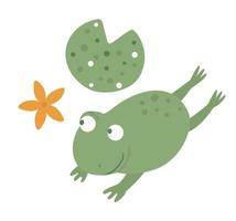 Vector cartoon style flat funny frog with waterlily isolated on white background. Cute illustration of woodland swamp animal. Jumping amphibian icon