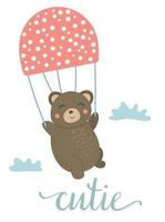 Vector cartoon style hand drawn flat bear flying on mushroom like parachute among the clouds. Funny scene with Teddy. Cute illustration of woodland animal for  print, stationery