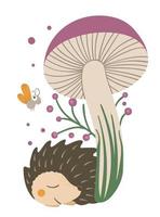 erizo plano dibujado a mano vectorial durmiendo bajo el hongo morado. divertida escena de otoño con animal espinoso. linda ilustración animal del bosque para imprimir, papelería vector