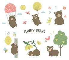 Vector set of cartoon style hand drawn flat bears in different poses. Collection of funny scenes with Teddy. Cute illustration of woodland animals