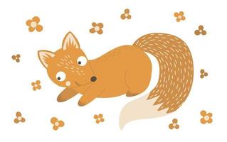 Vector hand drawn flat playing fox. Funny woodland animal. Cute forest animalistic illustration for print, stationery