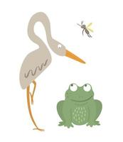 Rana divertida plana de estilo de dibujos animados de vector con garza y mosquito aislado sobre fondo blanco. linda ilustración de un animal de pantano del bosque. icono de anfibio sentado