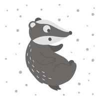 Vector hand drawn flat falling badger. Funny woodland animal. Cute forest animalistic illustration for children design, print, stationery