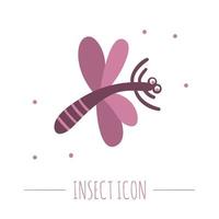 Vector hand drawn flat flying purple dragonfly. Funny woodland insect icon. Cute forest animalistic illustration for children design, print, stationery