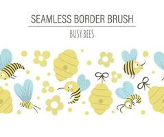 Vector hand drawn flat seamless pattern brush with beehive, bees, flowers. Cute funny childish repeating background border on honey production theme. Cute insect ornament for children design.