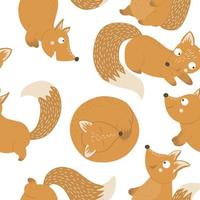 Vector seamless pattern of hand drawn flat funny foxes in different poses. Cute repeat background with woodland animals. Cute animalistic ornament