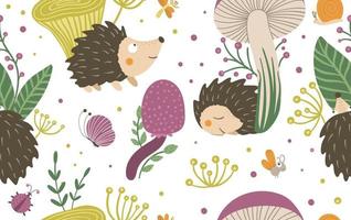 Vector seamless pattern of cartoon style hand drawn flat hedgehogs in different poses. Repeat background of funny autumn scenes with prickly animal. Cute woodland animalistic illustration