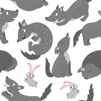 Vector seamless pattern of hand drawn flat funny wolves in different poses. Cute repeat background with woodland animals. Cute animalistic ornament for children design.