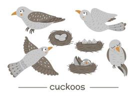 Vector set of cartoon style hand drawn flat funny cuckoos in different poses. Cute illustration of woodland birds