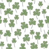 Vector green seamless background with clover leaves. Hand drawn flat simple trendy illustration with shamrock leaves. Repeating pattern with meadow, garden, forest plants.