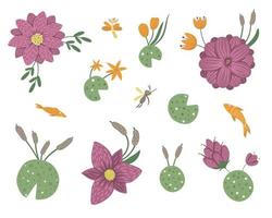 Vector set of cartoon style flat funny waterlily, dragonfly, mosquito, reed, clip art. Cute illustration with woodland swamp theme