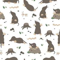 Vector seamless pattern of hand drawn flat funny moles in different poses. Cute repeat background with worm, ant, stump, stones, insects. Sweet animalistic ornament for children design.