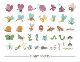 conjunto de insectos planos dibujados a mano por vectores. colección de bichos divertidos. linda ilustración forestal con mariposas, abejas, orugas para niños diseño, impresión, papelería vector