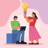 couple with laptop and bulb vector