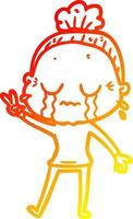 warm gradient line drawing cartoon crying old lady vector