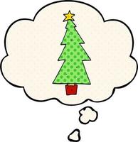 cartoon christmas tree and thought bubble in comic book style vector