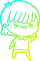 cold gradient line drawing annoyed cartoon girl vector