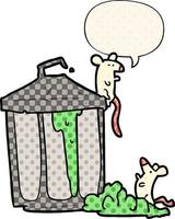 cartoon old metal garbage can and mice and speech bubble in comic book style vector