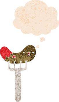 cartoon sausage and fork and thought bubble in retro textured style vector