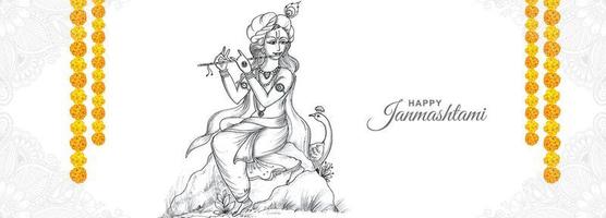 Hand draw sketch lord krishna in happy janmashtami banner background vector