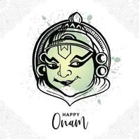 Hand draw happy onam kathakali face illustration on sketch design vector