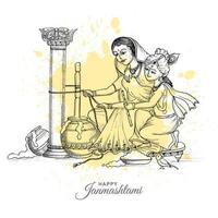 Hand draw sketch lord Krishna playing in ma yasoda happy janmashtami card background vector