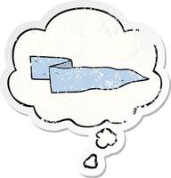 cartoon waving banner and thought bubble as a distressed worn sticker vector