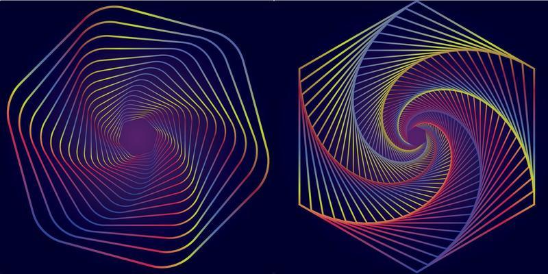 Abstract picture of geometric shapes that spin in a spiral circle from small to large. on a purple background