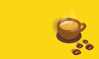 A brown cup with coffee inside is placed on a brown plate with coffee beans next to the coffee cup. yellow background