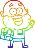 rainbow gradient line drawing cartoon crazy happy man with beard and gift under arm vector