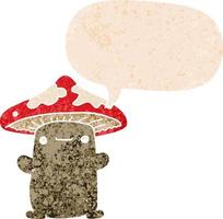 cartoon mushroom and speech bubble in retro textured style vector