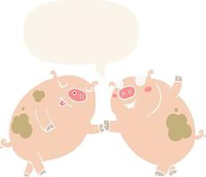 cerdos de dibujos animados bailando y burbujas de habla en estilo retro vector