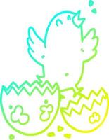 línea de gradiente frío dibujo pájaro de dibujos animados saliendo del huevo vector