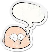 cartoon curious bald man and speech bubble distressed sticker vector